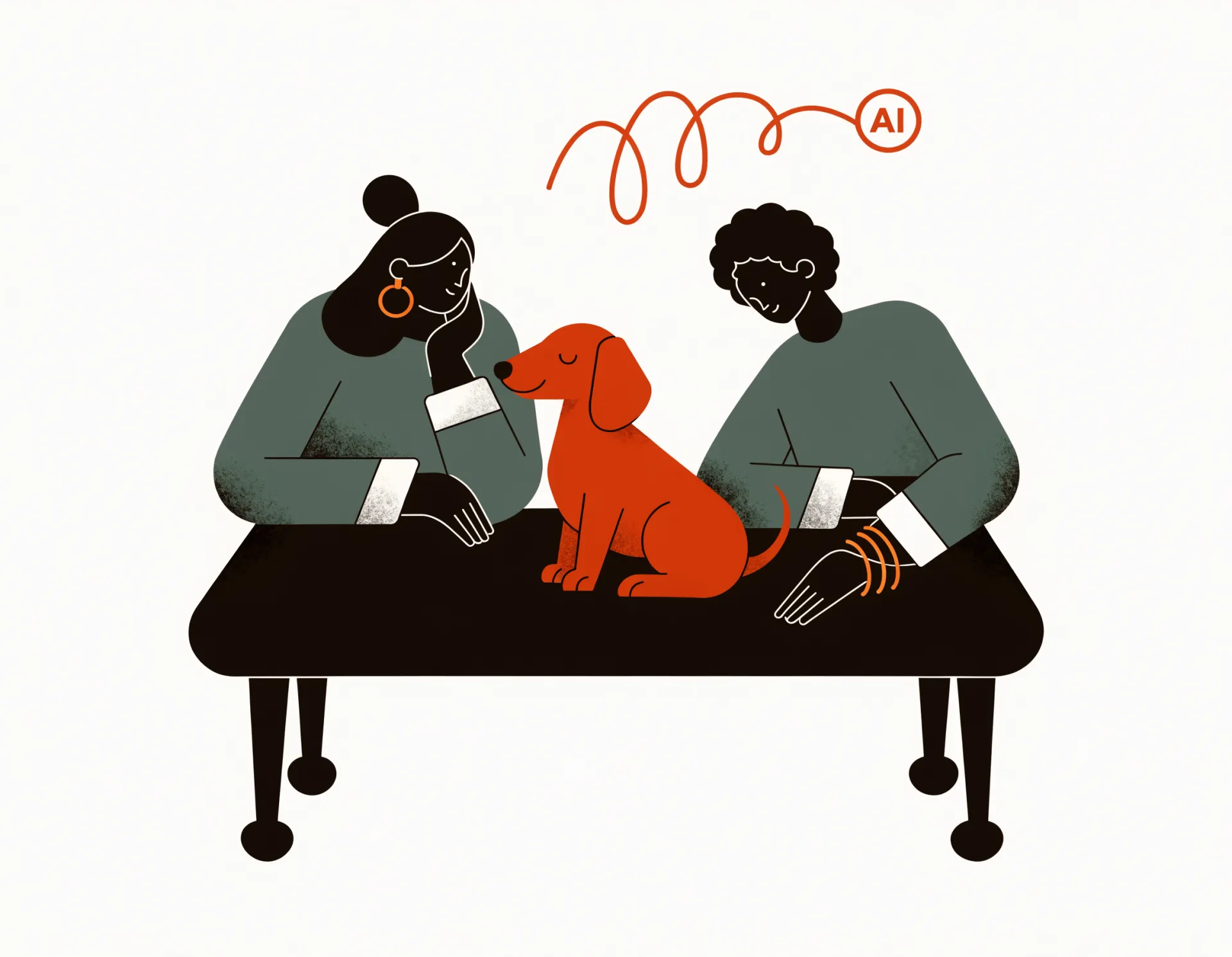Illustration: clinic staff focused on patient while AI handles the phone in the background